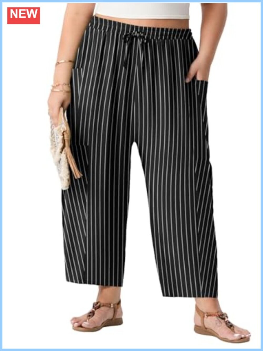 Plus Size Wide Leg Palazzo Pants High Waisted Drawstring Pockets
